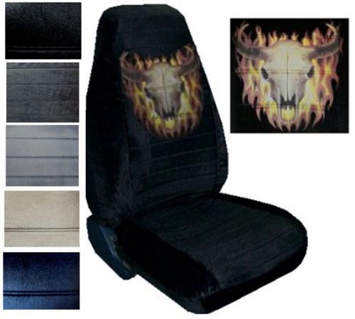 Velour seat covers car truck suv cow skull in flames high back pp #y
