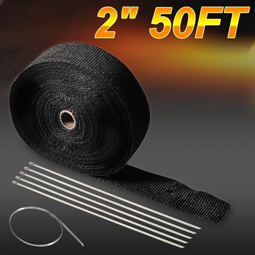 2&#034; 50ft roll black fiberglass exhaust header pipe heat wrap tape + 6 ties kit