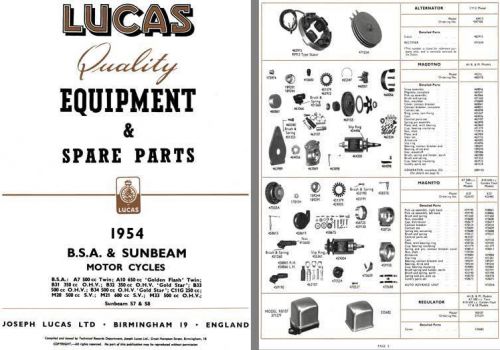 Bsa &amp; sunbeam motorcycles 1954 - lucas quality equipment &amp; spare parts