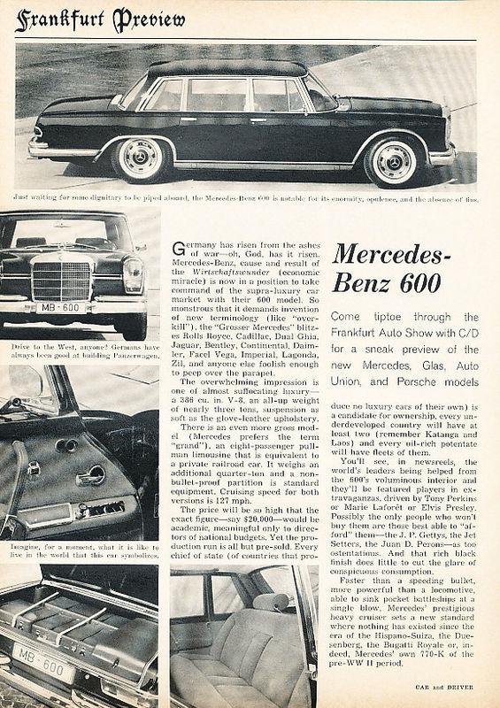 1963 mercedes benz 600 original road test print article