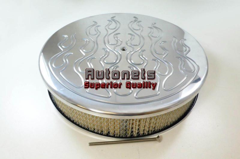 14" round flamed polished aluminum air cleaner street hot rod filter breather