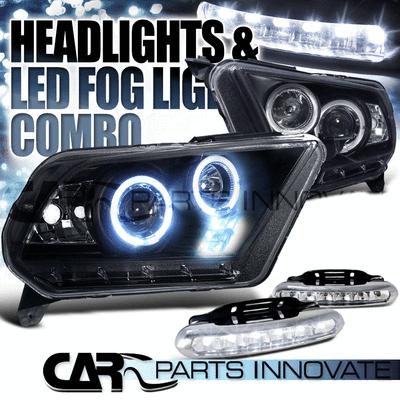 10-13 ford mustang black dual halo projector headlights+6-led fog lamps
