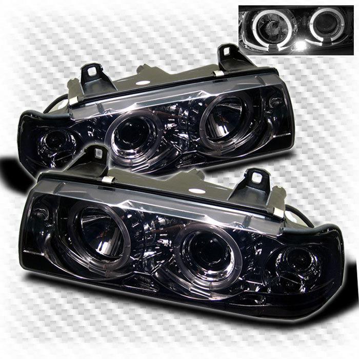 Smoked 92-98 bmw e36 3-series 4 door dual halo projector headlights smoke lamp