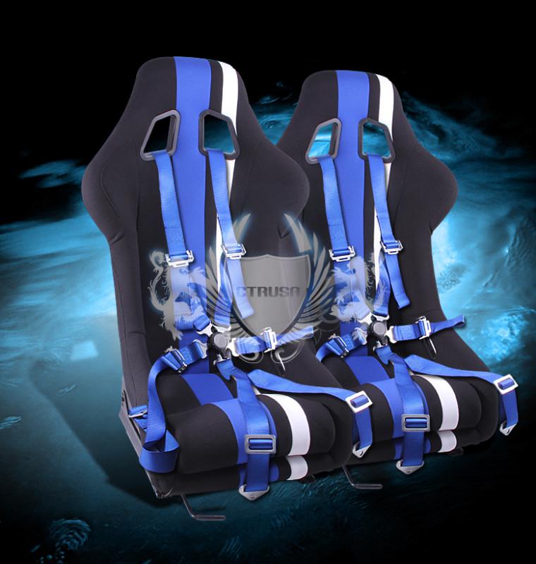 2x universal black/blue fabric racing seats+6-pt camlock harness seat belt new
