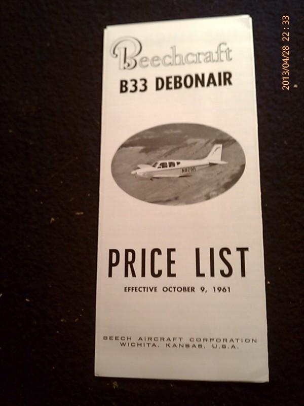 Beechcraft b33 debonair price list sales brochure 1961