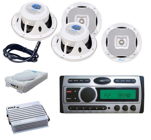 New marine cd mp3 am fm radio+ 8&#034; subwoofer,amp,antenna,4x white lanzar speakers