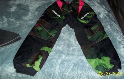 Oneal elements camo-green, black, white, pink trim motocross pants youth 8/10