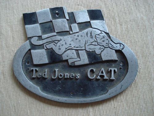 Ted jones cat vintage nameplate, cast aluminum w/ checkered flag motif
