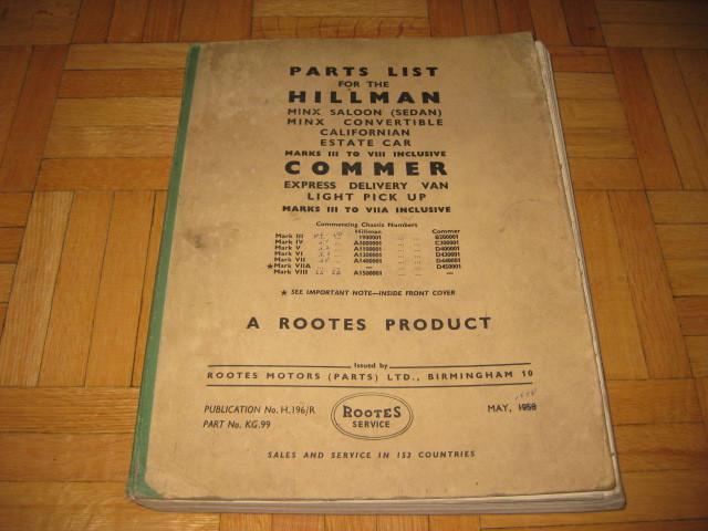 1958 hillman & commer parts list manual minx saloon convertible californian van 