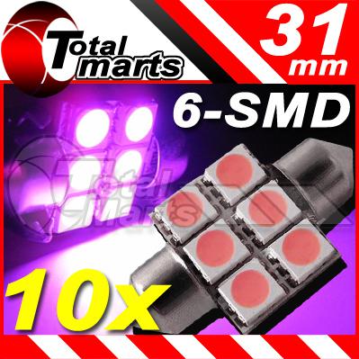 10x (pink purple) 31mm 6-smd led festoon car light bulbs dome map de3175 ac323