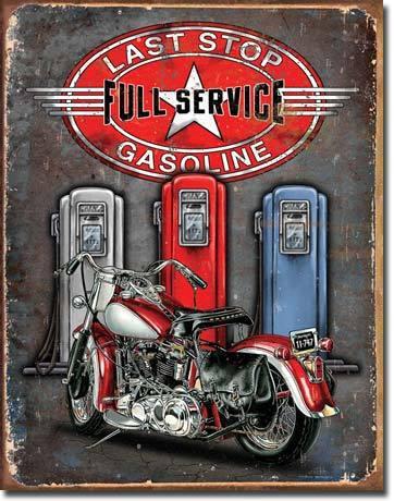 Last stop full service gas adv tin sign vintage harley motorcycle 