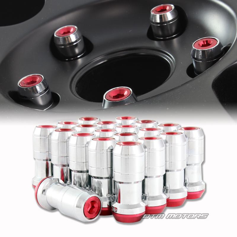 M12 x 1.25mm thread pitch 1.9" long wheel rim lug nuts - 20pc chrome / red