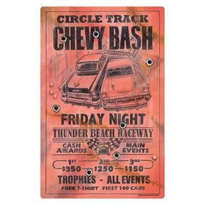 Tin sign circle track chevy bash bullet holes rust & patina finish aged red
