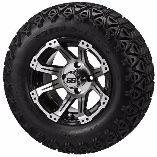 Set of 4 - 23x10.5-12 tire on a 12x7 black/machined type 11 wheel w/free freight