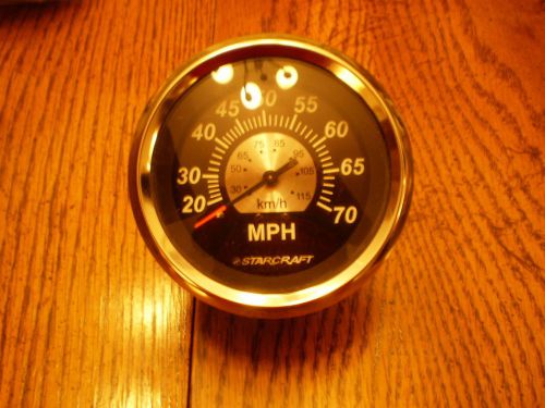 Starcraft speedometer  gauge 20-70 mph black face silver rim   3.25" hole  b39