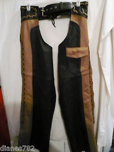 Black brown leather chaps motorcycle braided unisex 2xl xx-large xxl mob