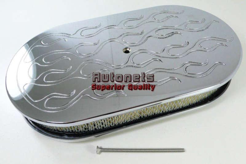 Chromed 15x2 flamed oval aluminum air cleaner universal fit breather fire