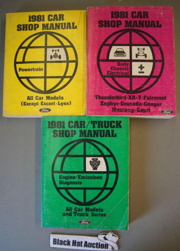 1981 ford mustang capri thunderbird + shop service manual 3-vol set dealership