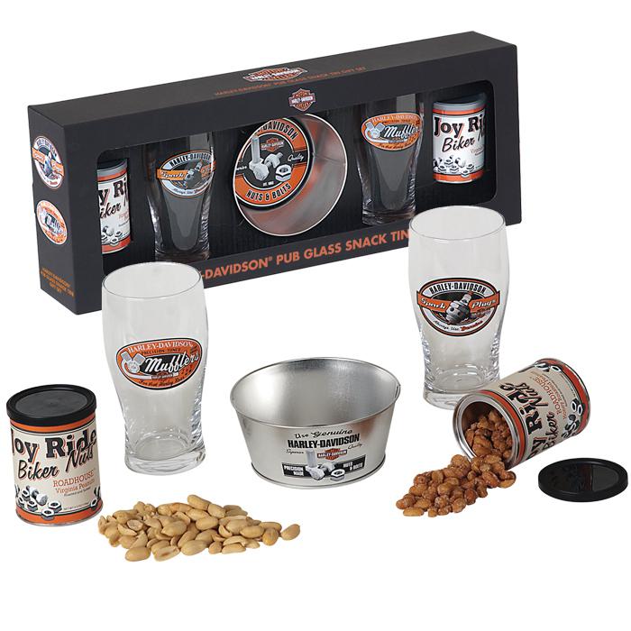 Harley-davidson pub glass snack tin gift set