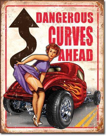 New vintage style dangerous curves ahead tin metal sign ford roadster