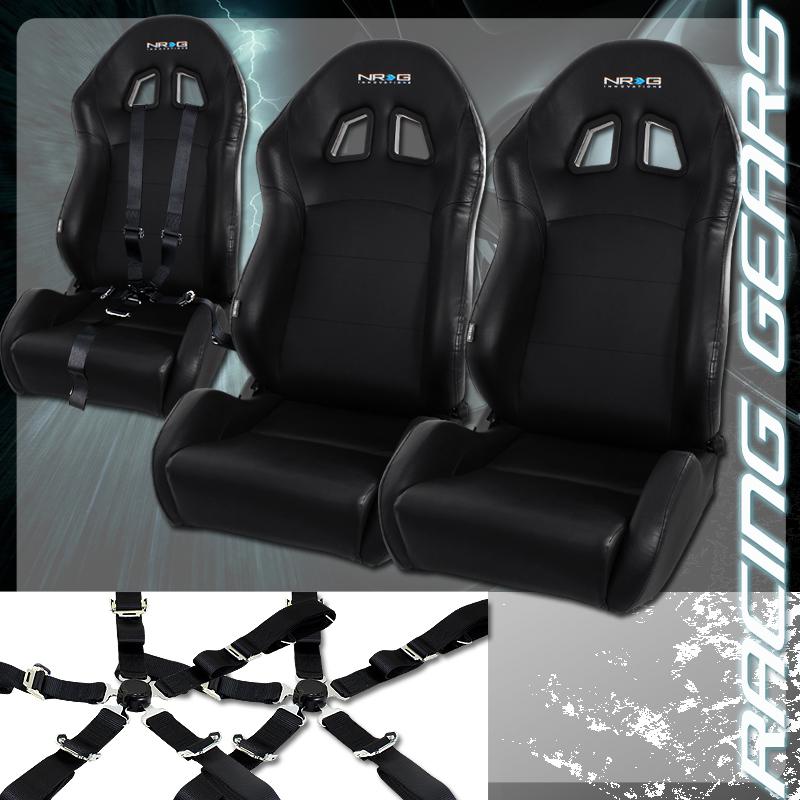2x universal nrg black faux pvc leather reclinable racing seat + black seat belt