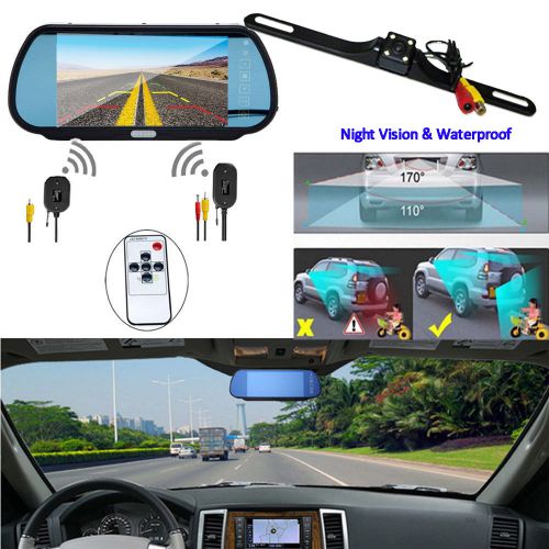 7&#034; car monitor mirror+wireless reverse car license rear view backup camera kit