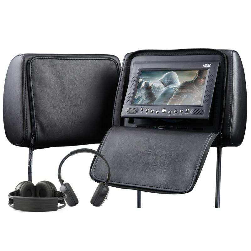 C1033 2x7" digital lcd car pillow headrest monitor ir headphone dvd player black