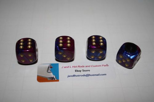 Blue purple dice with gole  pips valve stem caps, t bucket, hot rod valve caps