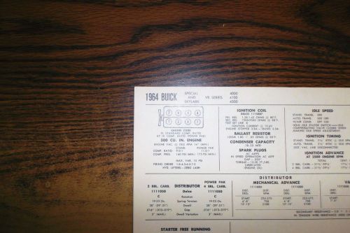 1964 buick eight series 4000 4100 &amp; 4300 special &amp; skylark 300 v8 tune up chart