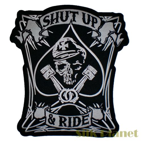 11" shut up &amp; ride skull piston spade motorcycle biker back patch mc vest big