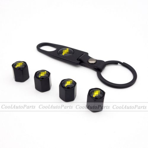 Black car wheel tire stem air cover valve caps &amp; wrench keychain for chevrolet