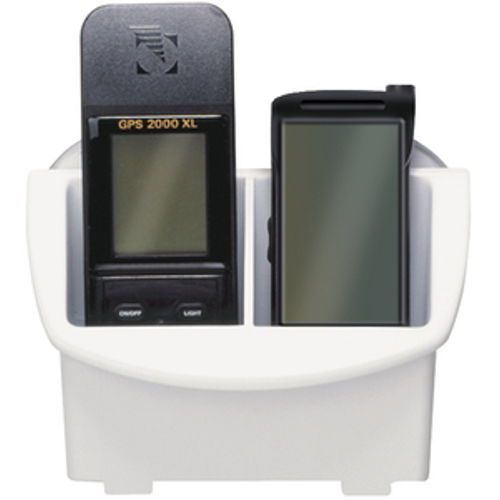 Two compartment white plastic gps and cell phone caddy for boats
