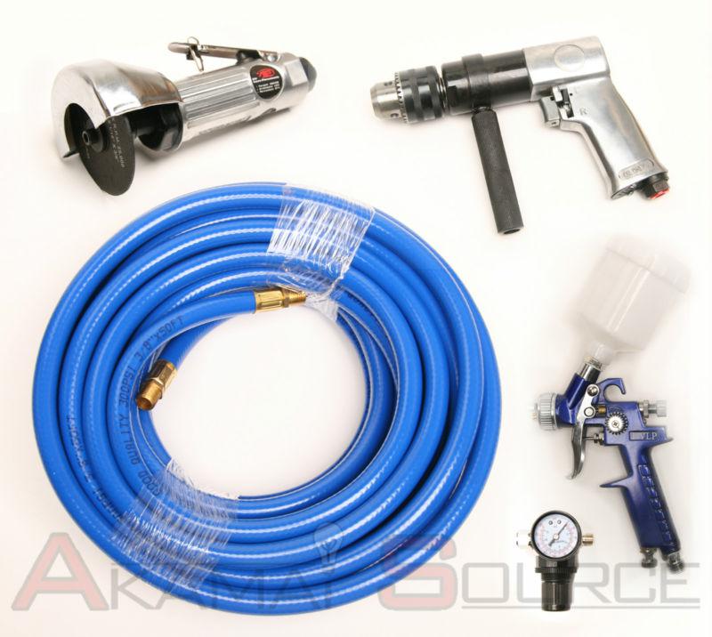 Air tool package starter kit 4pc drill, cutoff, hvlp spray gun, air hose tools 