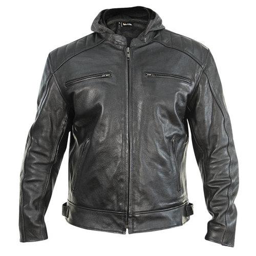 Xelement mens throttle boss black leather motorcycle jacket with hoodie