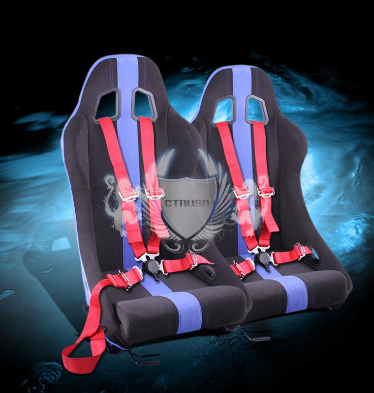 2x jdm f1 blk/blue stripe fabric racing seats w/sliders +4-pt red camlock safety