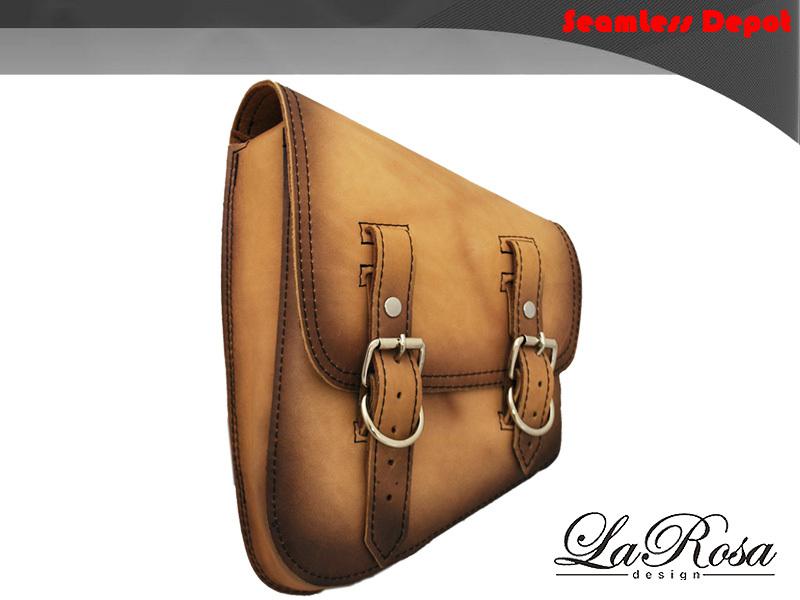 Larosa vintage style tan leather harley bobber rigid custom mount left saddlebag
