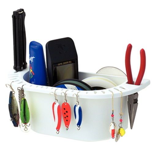 White plastic deluxe cockpit organizer for boats - holds lures, plyers, knives
