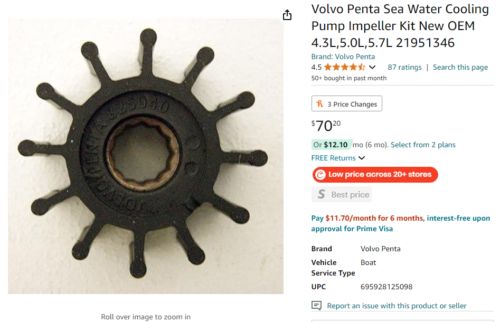 Volvo Penta sea water pump impeller kit 21951346 NEW OEM, US $50.00, image 4