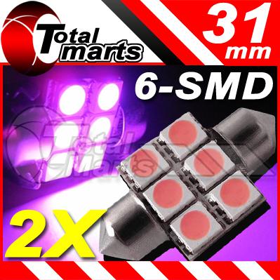 2x (pink purple) 31mm 6-smd led festoon car light bulbs dome map de3175 ac323