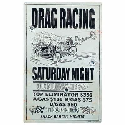 Ghh tin sign drag racing bullet holes rust and patina finish aged white 11 x 17