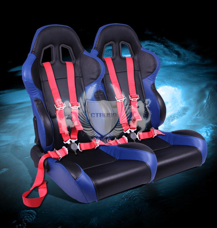 2x jdm black/blue turino racing bucket seats + 4-pt red belts camlock strap pair