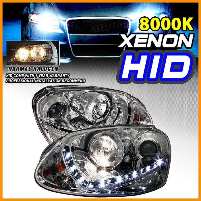 8000k hid fit 06-08 golf gti r32 jetta rabbit led projector headlight w/drl chr