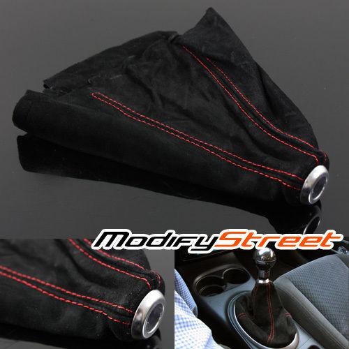 Black alcantara suede/red stitch jdm shift shifter boot cover manual/auto gear