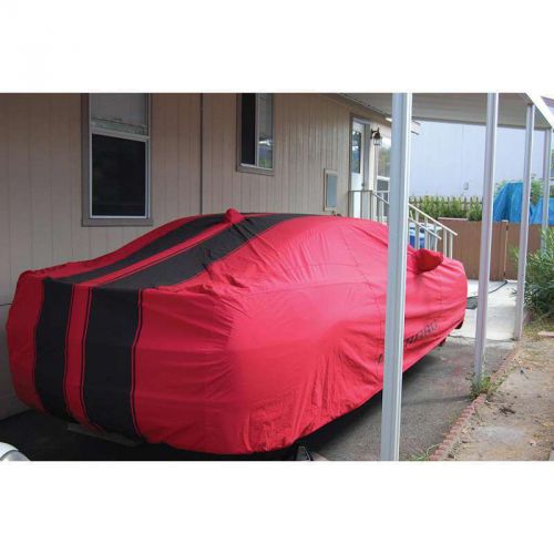 Camaro car cover, red, with black stripes, gm, 2010-2013