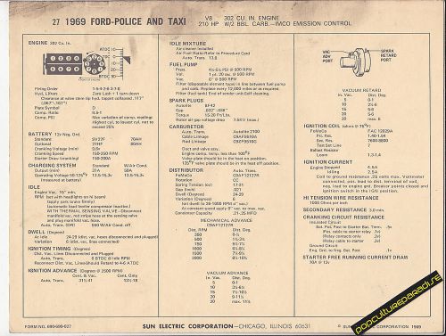 1969 ford police and taxi 302 ci / 210 hp engine car sun electronic spec sheet