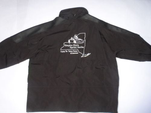 'empire state sprint series' embroidered jacket! concealed hood! black nylon! xl