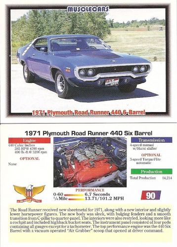 1971 plymouth road runner 440 6-barrel collector card  2 1/2&#034;x3 1/2&#034;