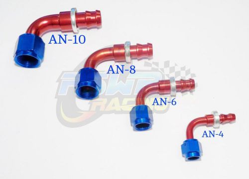 Pswr push on oil fuel/gas hose end fitting red/blue an-6, 90 degree 9/16 18 unf