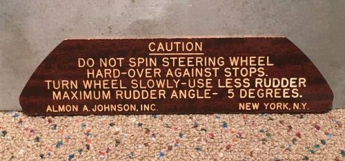 Vintage almon a. johnson boat steering sign