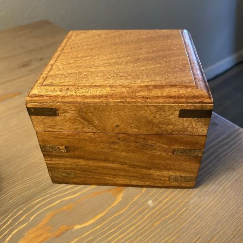 Gimbal mounted desk compass in lovely brass bound mahogany box 4.5 x 4.5 x 3.5&#034;